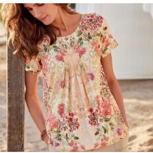 Women's Soft Surroundings Cusabo Floral Short Sleeve Tee 1X Soft Stretch